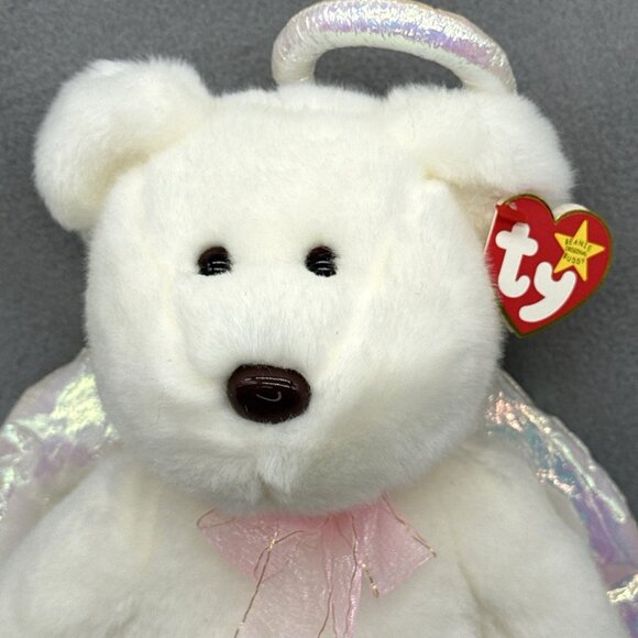 Ty Other - Halo Teddy Bear Angel 1999 Wings Pink Ribbon 14" Plush Toy Vtg TY Beanie Buddy
